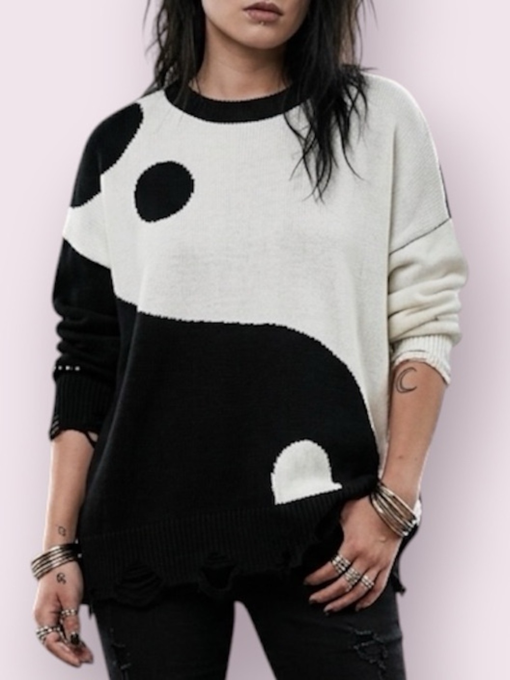 Pistola Darya Yin Yang Colorblock Drop Shoulder Pullover Sweater Black White XS